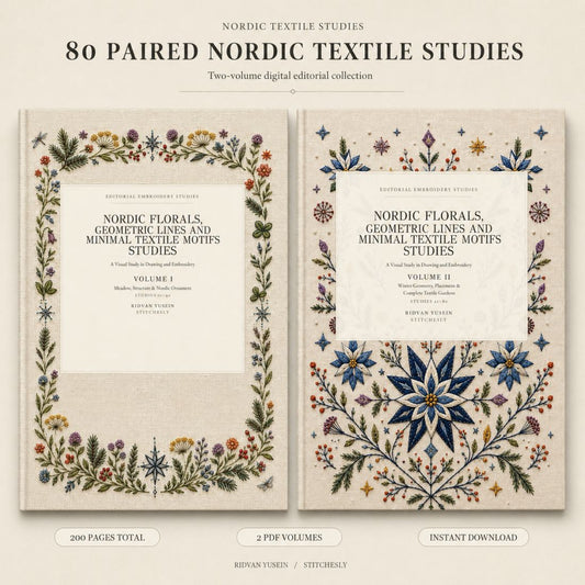 Two digital book covers for Nordic Florals, Geometric Lines and Minimal Textile Motifs Studies, showing embroidered Nordic botanical frames and geometric textile motifs on linen, presented as a two-volume collection with 200 pages and 80 paired drawing and embroidery studies.