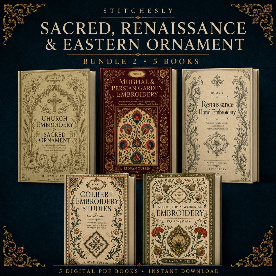 Digital PDF embroidery design bundle cover preview for Sacred, Renaissance & Eastern Ornament Bundle 2, featuring curated embroidery patterns, motif library references and… - preview 1