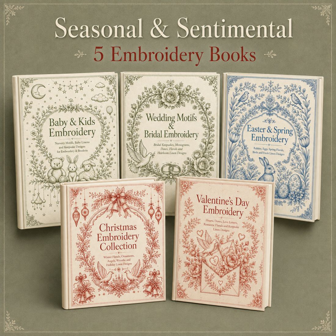 Digital PDF embroidery design bundle cover preview for Seasonal & Sentimental Motifs Bundle 2, featuring curated embroidery patterns, motif library references and textile design… - preview 1