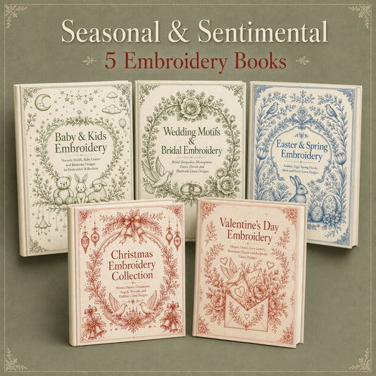 Digital PDF embroidery design bundle cover preview for Seasonal & Sentimental Motifs Bundle 2, featuring curated embroidery patterns, motif library references and textile design… - preview 1