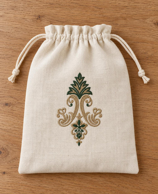 Acanthus Crown Floral Drop embroidered in parchment and forest green on a linen drawstring pouch, showing the complete two-color motif.