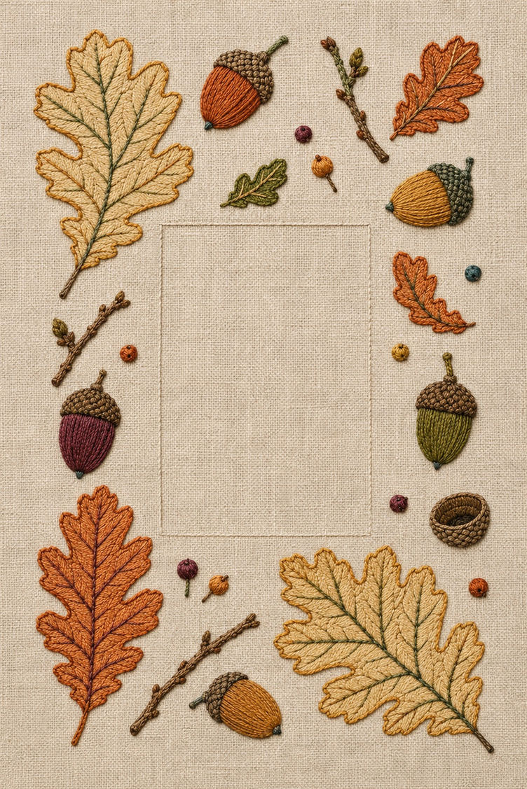Illustrative embroidery design: Oak leaves, acorns and twig fragments sit around a tall clear rectangle.