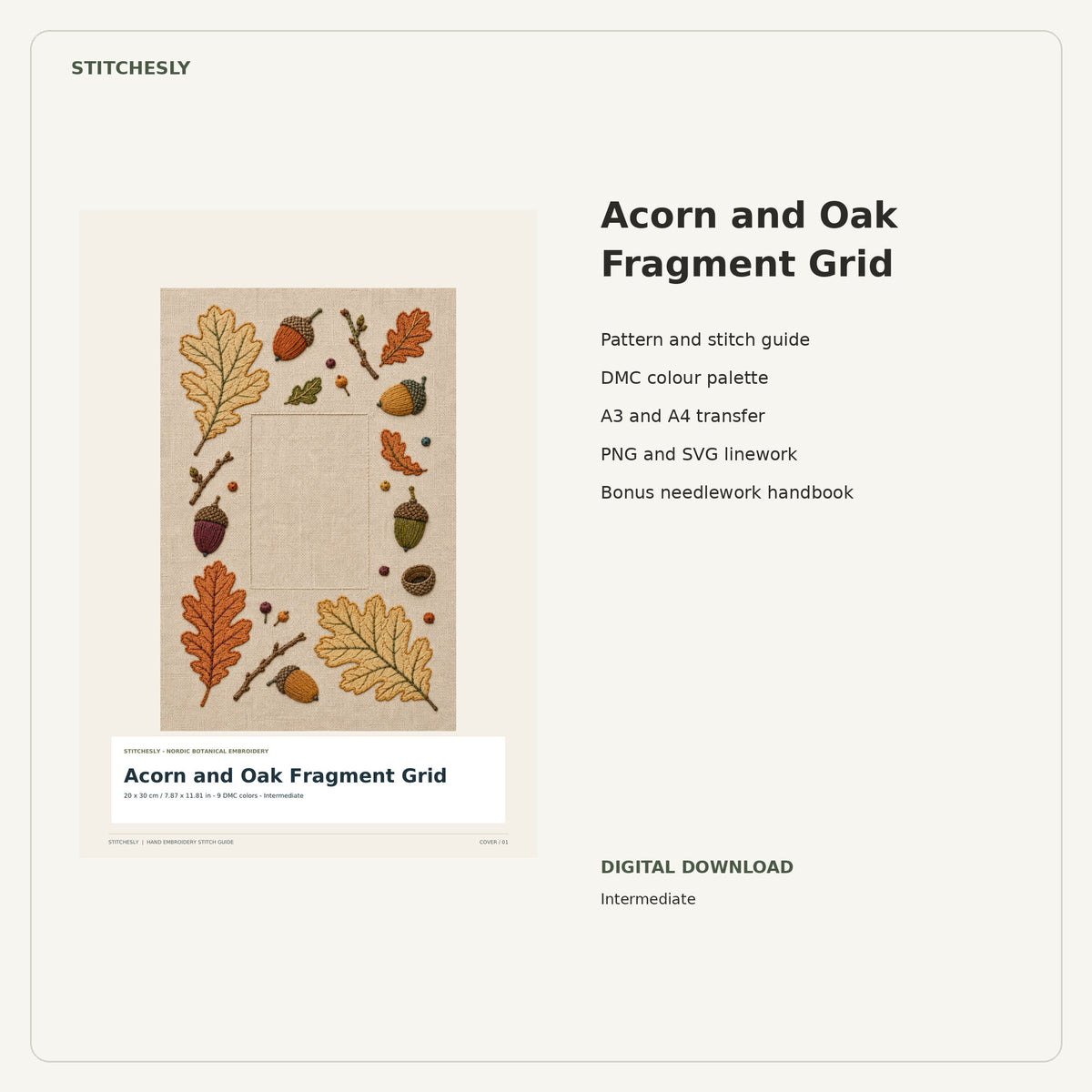 Acorn and Oak Fragment Grid PDF stitch guide cover, pattern files and bonus needlework handbook.