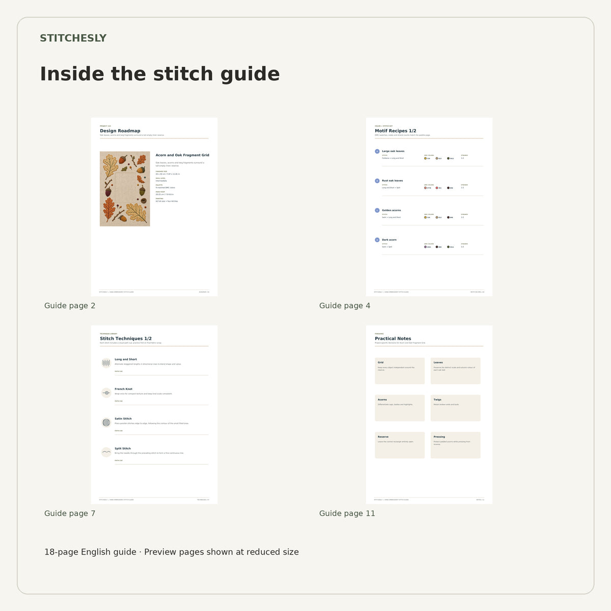 Four reduced-size preview pages from the 18-page Acorn and Oak Fragment Grid stitch guide.