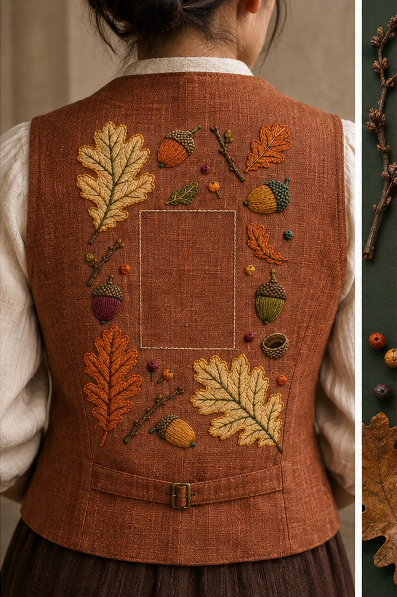Rust-coloured linen jacket mockup featuring the Acorn and Oak Fragment Grid hand embroidery design. Oak leaves, acorns and twig fragments sit around a tall clear rectangle.