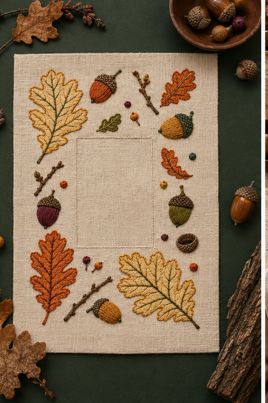 Botanical textile flat lay mockup featuring the Acorn and Oak Fragment Grid hand embroidery design. Oak leaves, acorns and twig fragments sit around a tall clear rectangle.