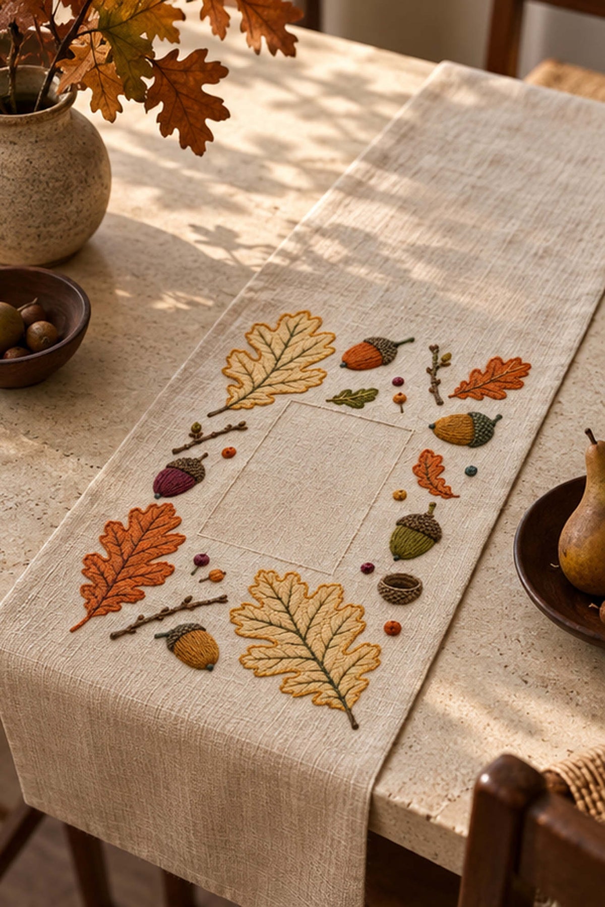 Linen notebook cover mockup featuring the Acorn and Oak Fragment Grid hand embroidery design. Oak leaves, acorns and twig fragments sit around a tall clear rectangle.