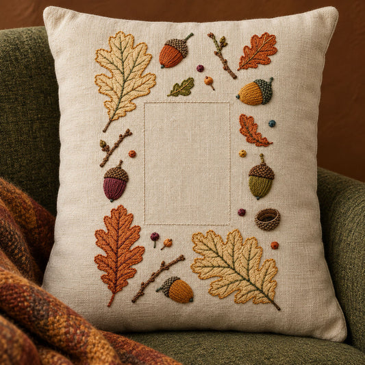 Linen cushion mockup featuring the Acorn and Oak Fragment Grid hand embroidery design. Oak leaves, acorns and twig fragments sit around a tall clear rectangle.