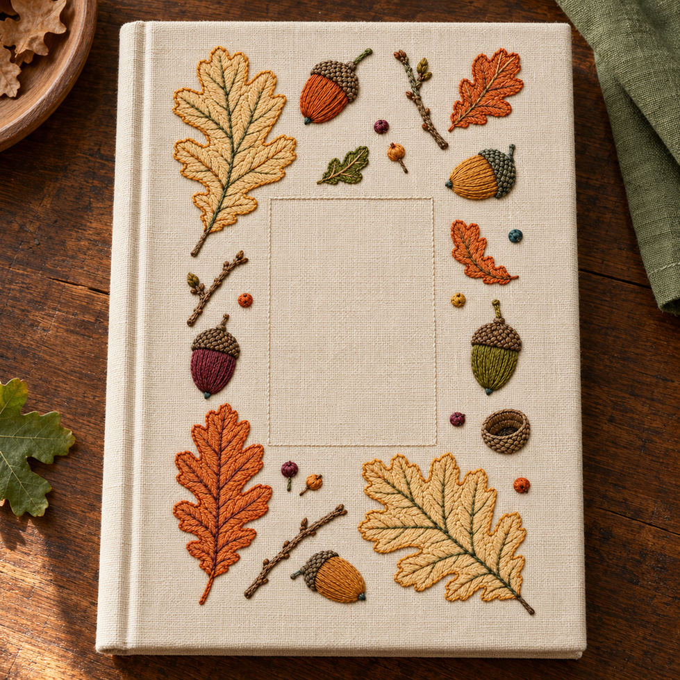 Linen laid flat mockup featuring the Acorn and Oak Fragment Grid hand embroidery design. Oak leaves, acorns and twig fragments sit around a tall clear rectangle.