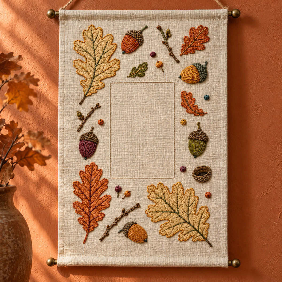 Framed botanical textile mockup featuring the Acorn and Oak Fragment Grid hand embroidery design. Oak leaves, acorns and twig fragments sit around a tall clear rectangle.