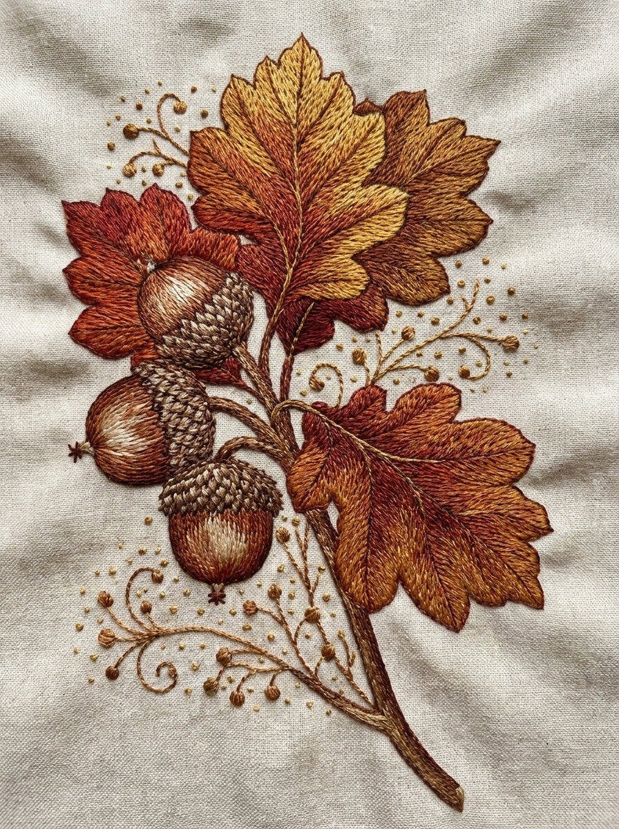 Acorn And Oak Leaf Motif from Halloween & Autumn Embroidery Book 1, a digital embroidery design reference for machine embroidery designs, embroidery patterns and seasonal embroidery motifs.