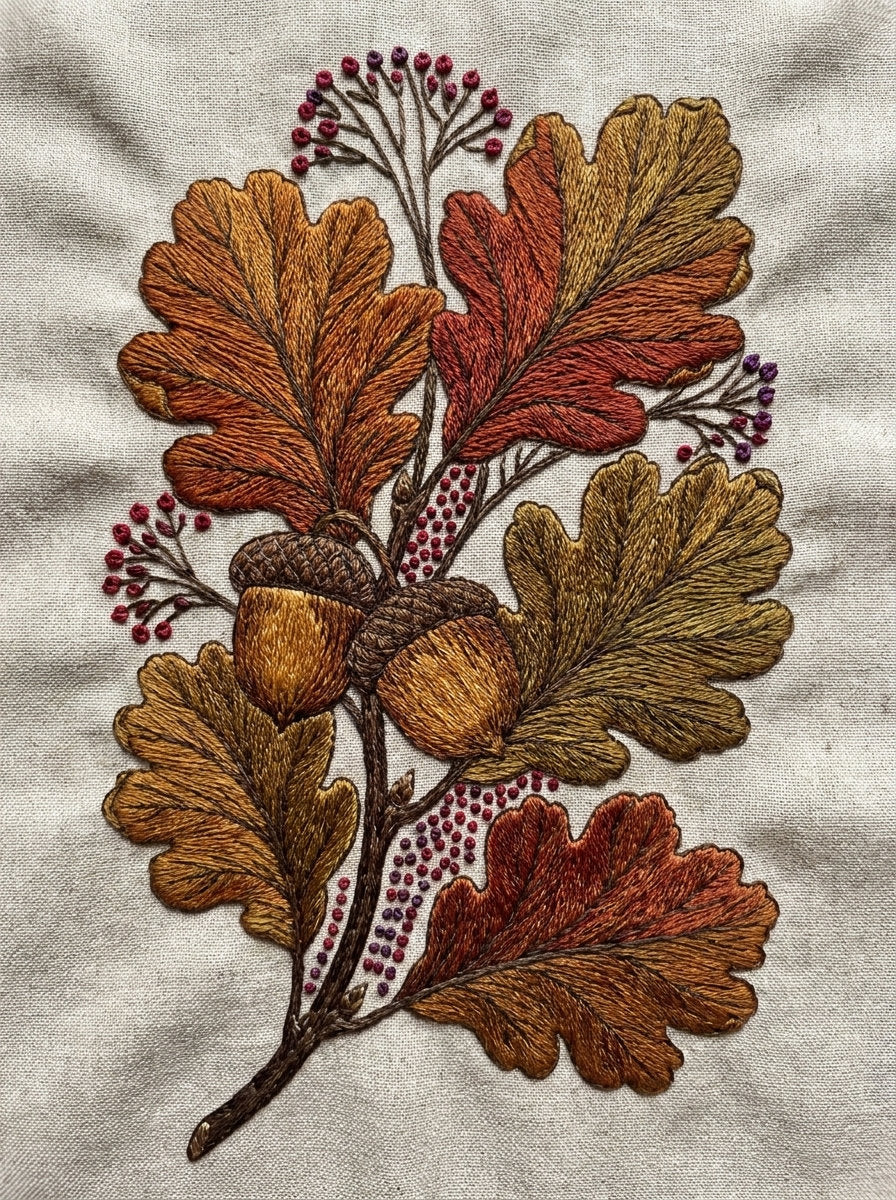 Acorn And Oak Leaf Motif from Halloween & Autumn Embroidery Book 2, a digital embroidery design reference for machine embroidery designs, embroidery patterns and seasonal embroidery motifs.