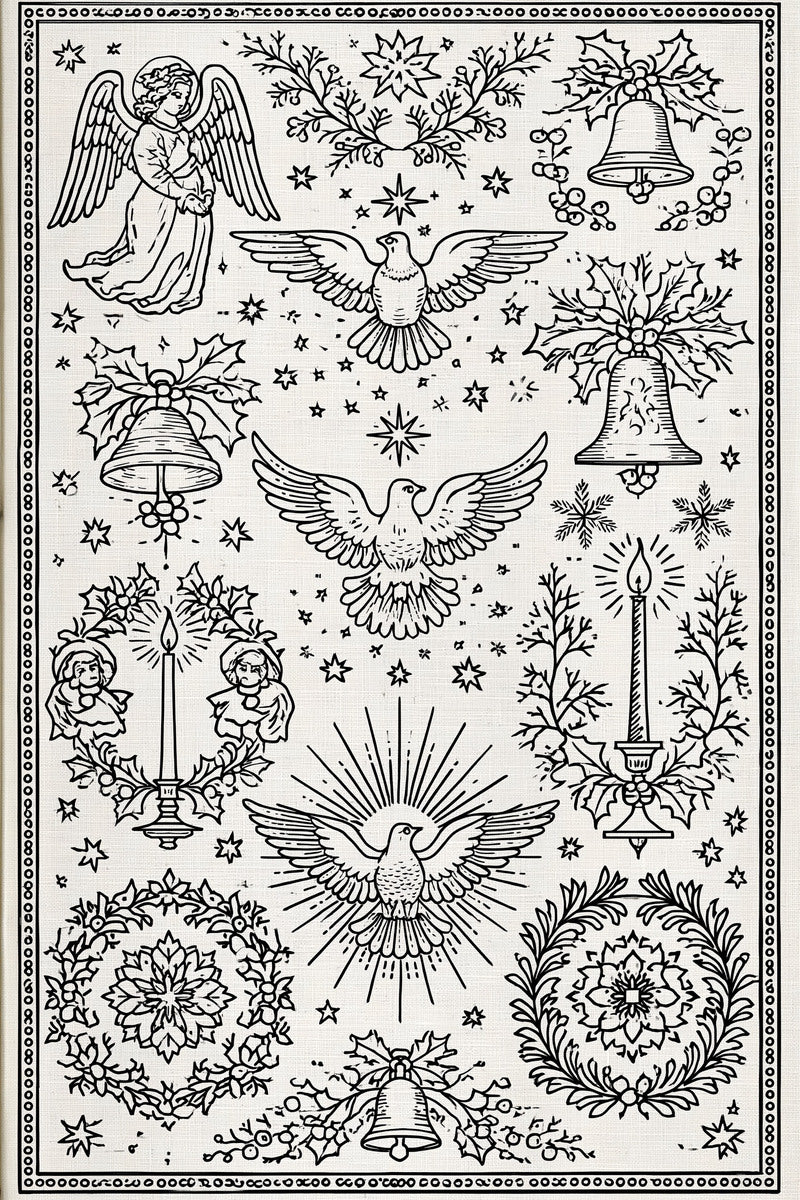 Angels Doves Bells And Candles 02 from Christmas Embroidery Collection Book 1, a digital embroidery design reference for machine embroidery designs, embroidery patterns and seasonal embroidery motifs.