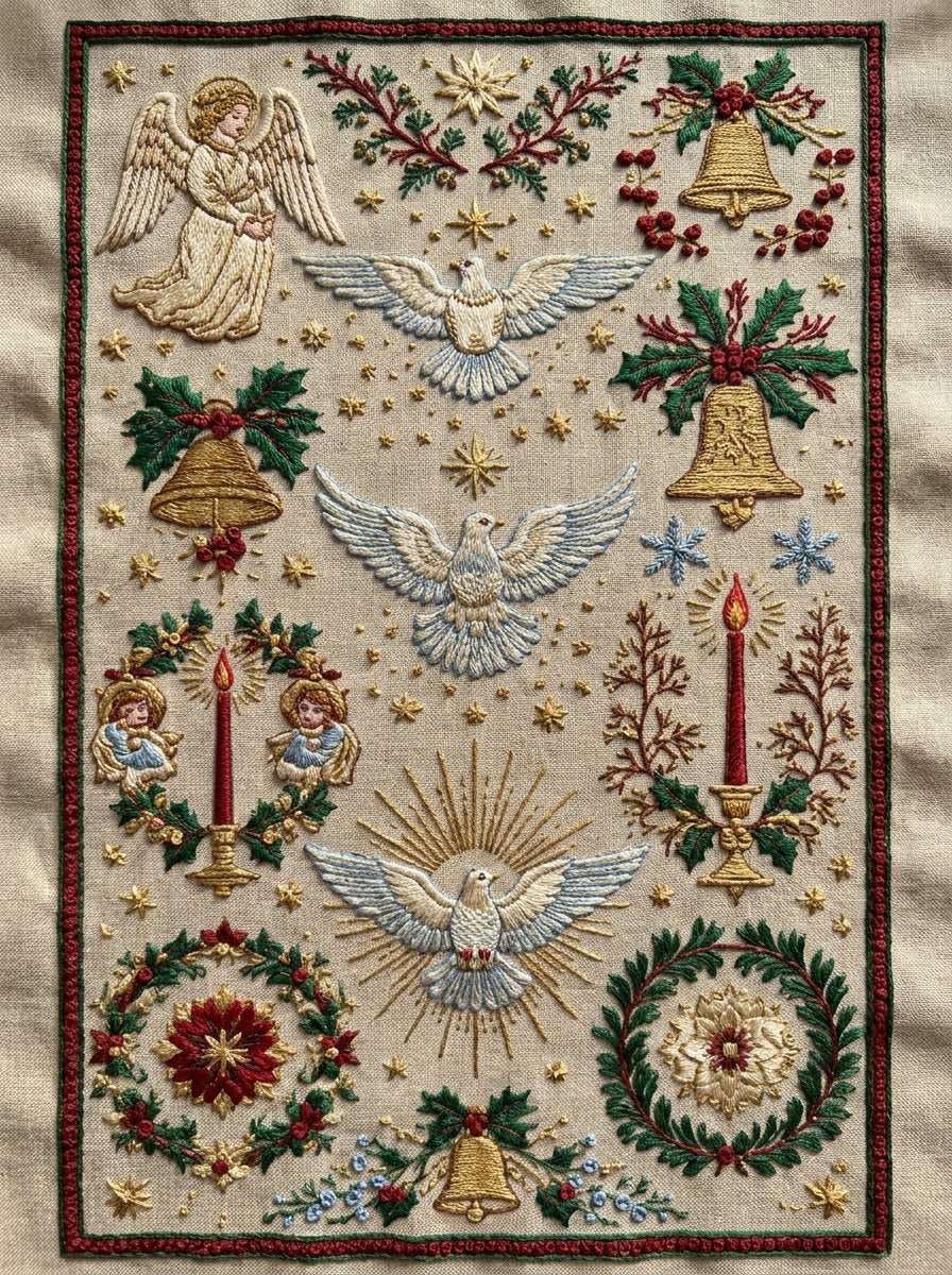 Angels Doves Bells And Candles 02 from Christmas Embroidery Collection Book 1, a digital embroidery design reference for machine embroidery designs, embroidery patterns and seasonal embroidery motifs.
