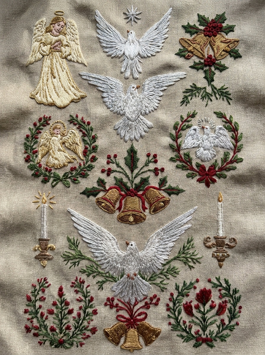 Angels Doves Bells And Candles 02 from Christmas Embroidery Collection Book 2, a digital embroidery design reference for machine embroidery designs, embroidery patterns and seasonal embroidery motifs.