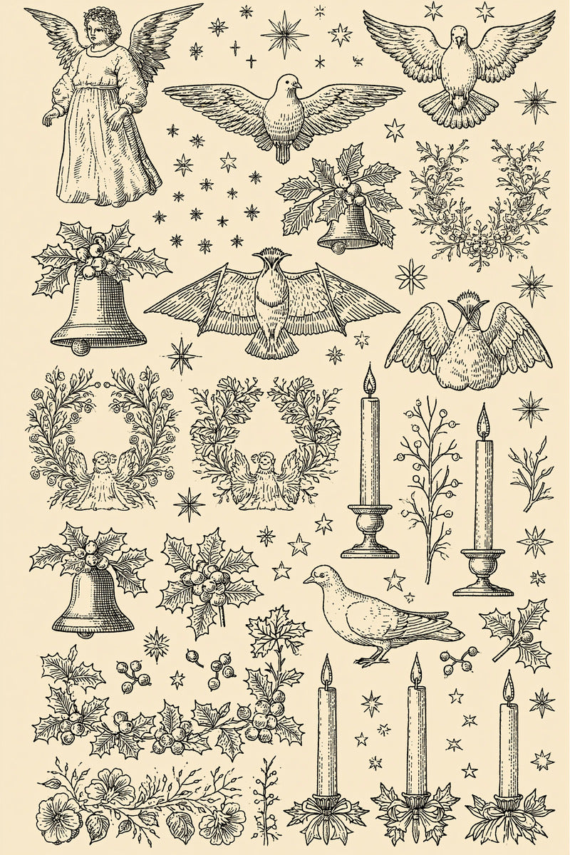 Angels Doves Bells And Candles from Christmas Embroidery Collection Book 1, a digital embroidery design reference for machine embroidery designs, embroidery patterns and seasonal embroidery motifs.