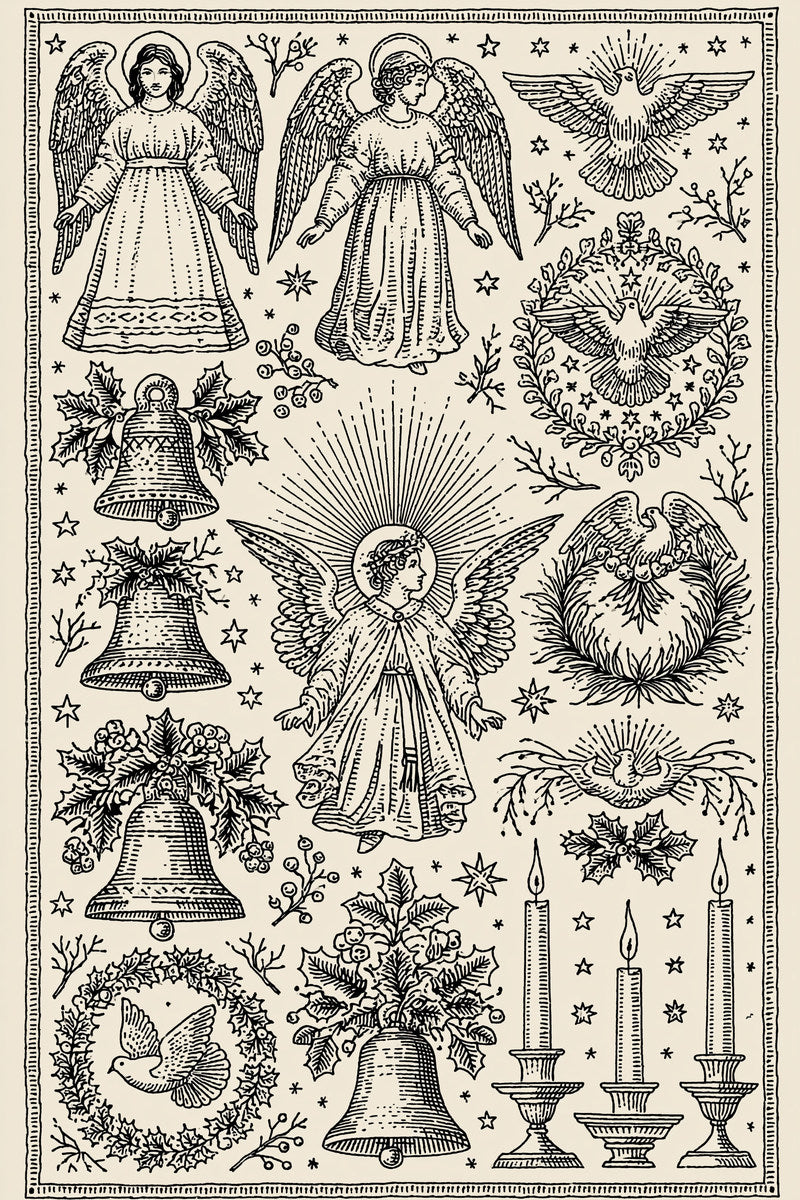 Angels Doves Bells And Candles from Christmas Embroidery Collection Book 2, a digital embroidery design reference for machine embroidery designs, embroidery patterns and seasonal embroidery motifs.