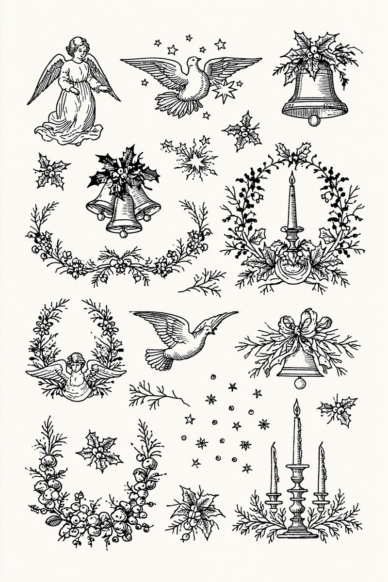 Angels Doves Bells And Candles from Christmas Embroidery Collection Book 3, a digital embroidery design reference for machine embroidery designs, embroidery patterns and seasonal embroidery motifs.
