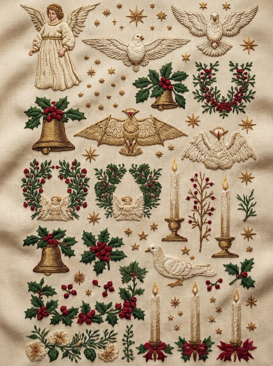 Angels Doves Bells And Candles from Christmas Embroidery Collection Book 1, a digital embroidery design reference for machine embroidery designs, embroidery patterns and seasonal embroidery motifs.