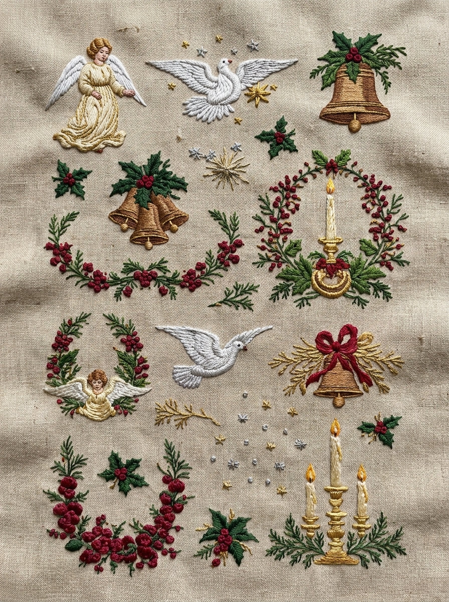 Angels Doves Bells And Candles from Christmas Embroidery Collection Book 3, a digital embroidery design reference for machine embroidery designs, embroidery patterns and seasonal embroidery motifs.