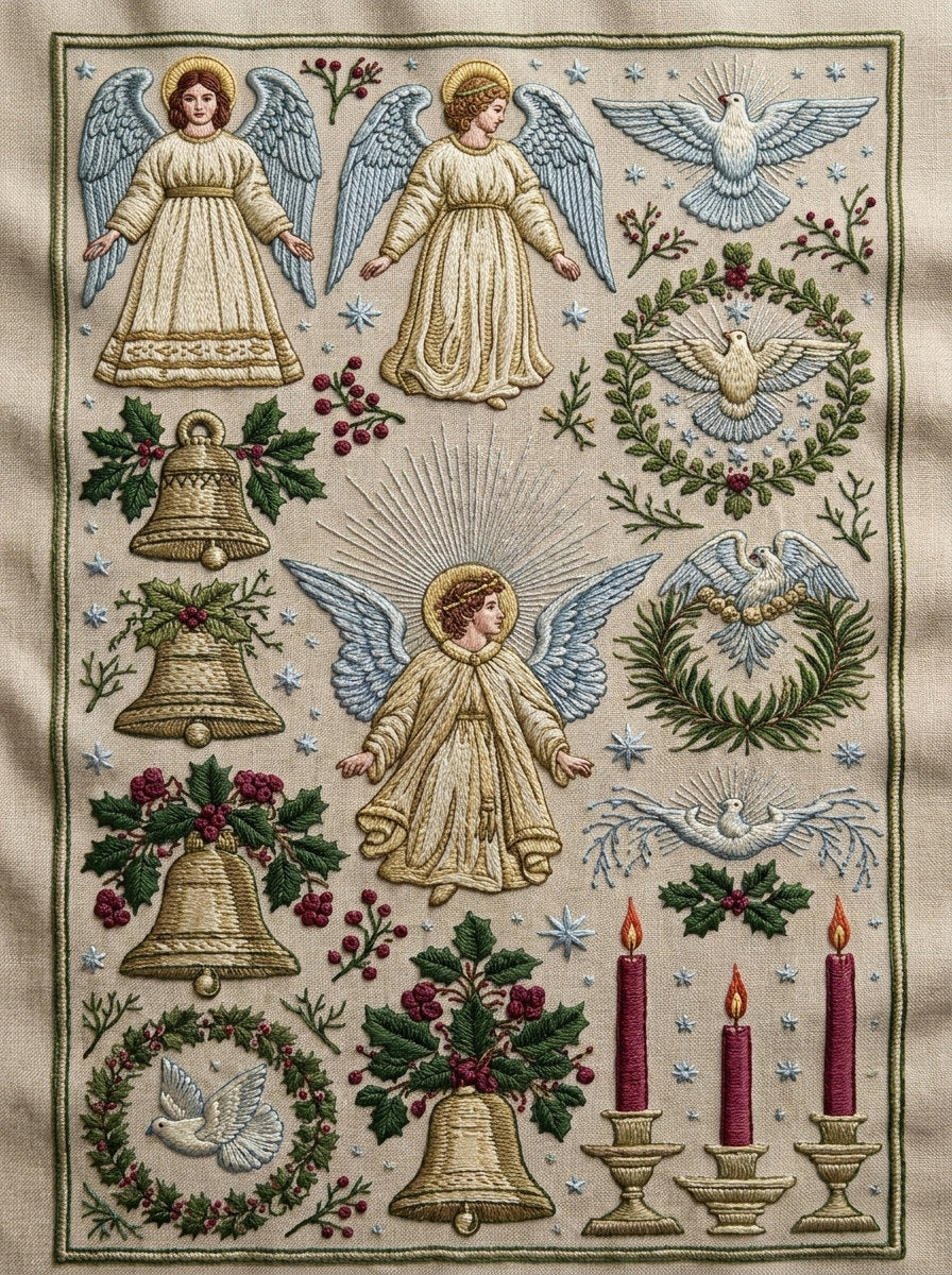 Angels Doves Bells And Candles from Christmas Embroidery Collection Book 2, a digital embroidery design reference for machine embroidery designs, embroidery patterns and seasonal embroidery motifs.