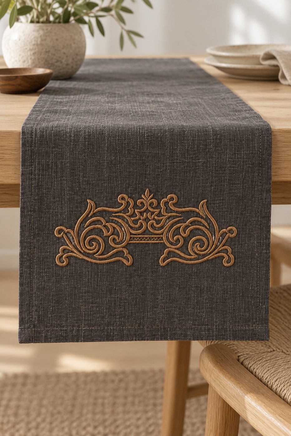 Antique bronze mirrored scroll machine embroidery on a charcoal linen table runner