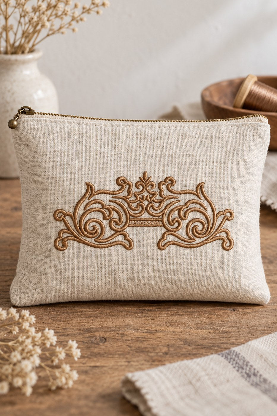 Single-color bronze scroll machine embroidery centered on a natural linen zip pouch