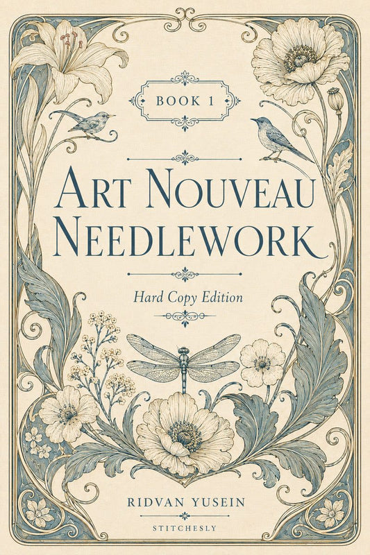 Art Nouveau Needlework Book 1 digital embroidery design book cover, flat cover.