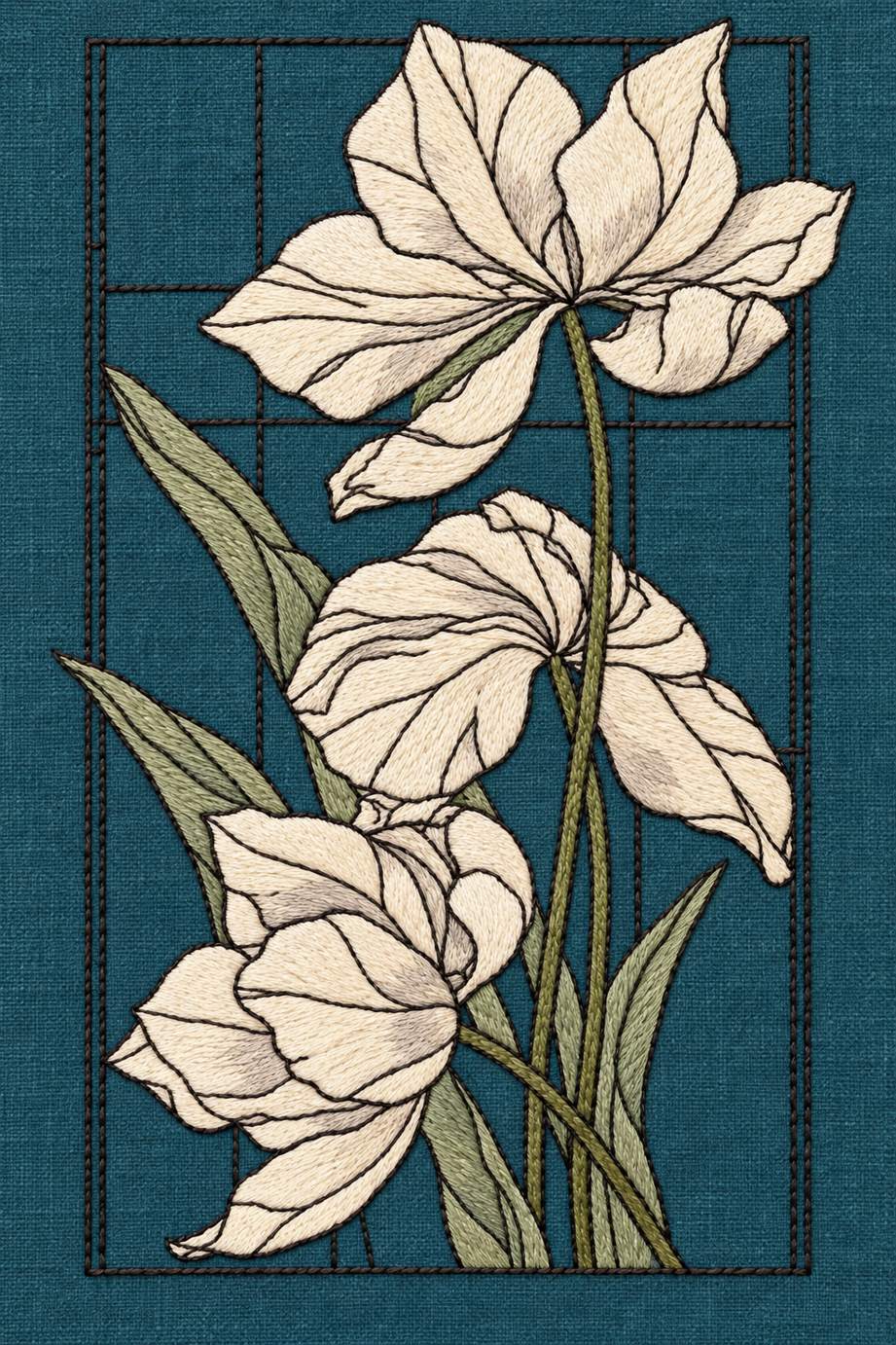 Three ivory stylised flowers and sage leaves with fine charcoal geometric divisions embroidered on petrol teal linen.
