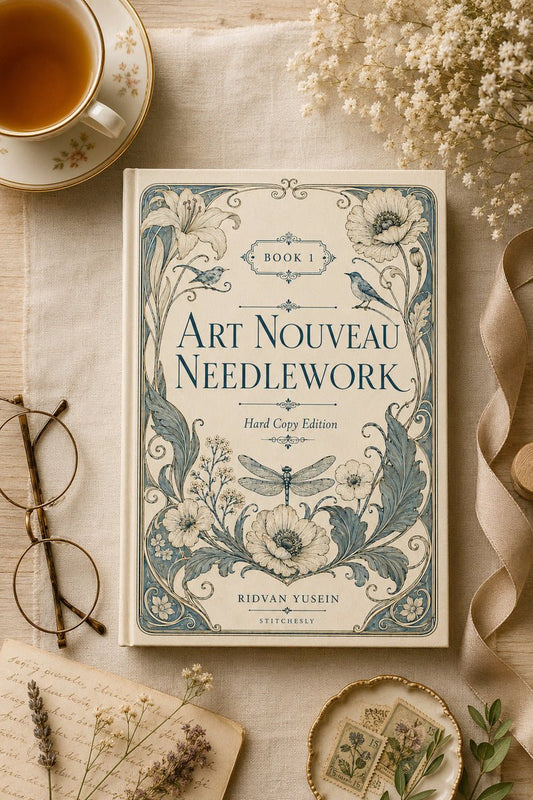 Art Nouveau Needlework Book 1 digital embroidery design book cover, linen scene cover.
