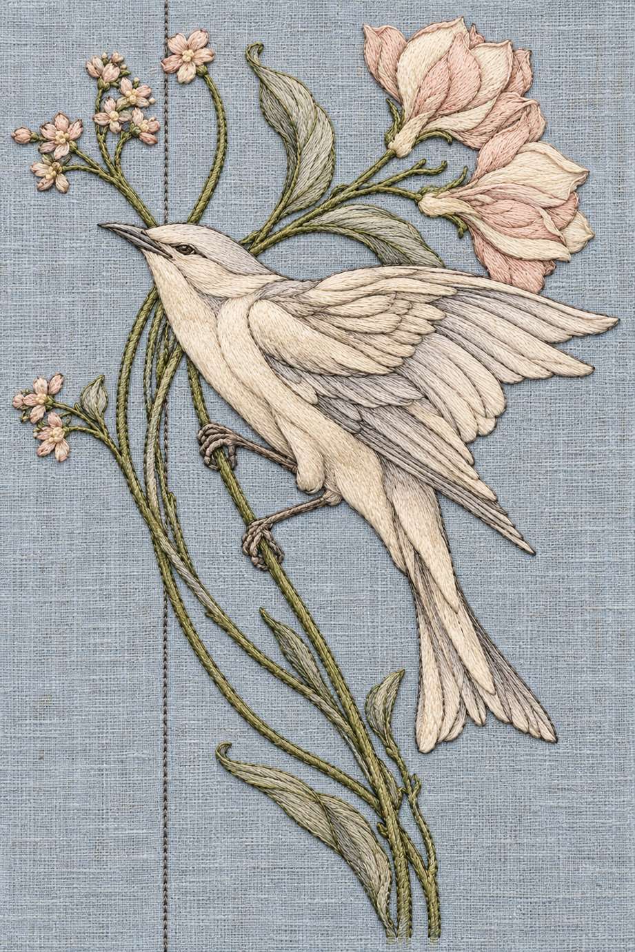 Ivory and grey bird with an open wing among blush flowers and sage foliage on dusty blue linen.