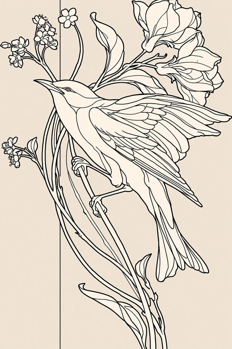 Original spread wing bird and floral vine drawing from Art Nouveau Needlework Book 1.