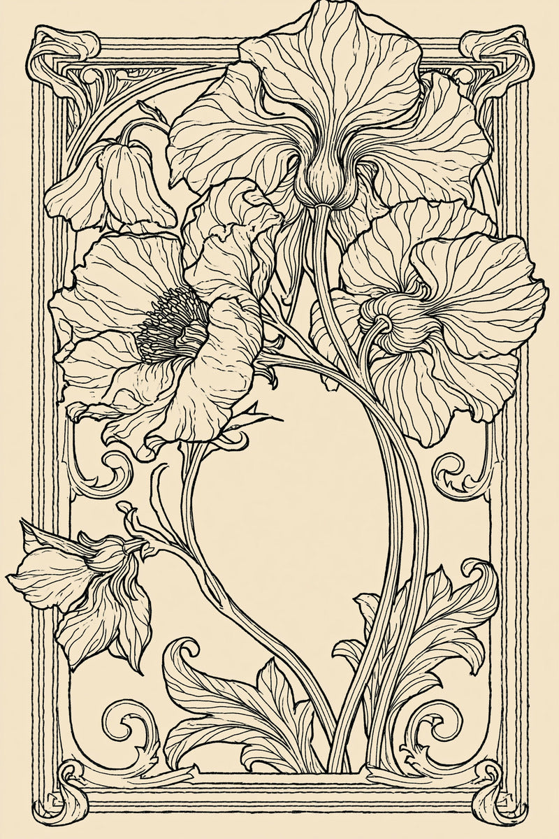 Art Nouveau Floral Frame from Art Nouveau Needlework Book 4, a digital embroidery design reference for machine embroidery designs, embroidery patterns and frames and monogram spaces.
