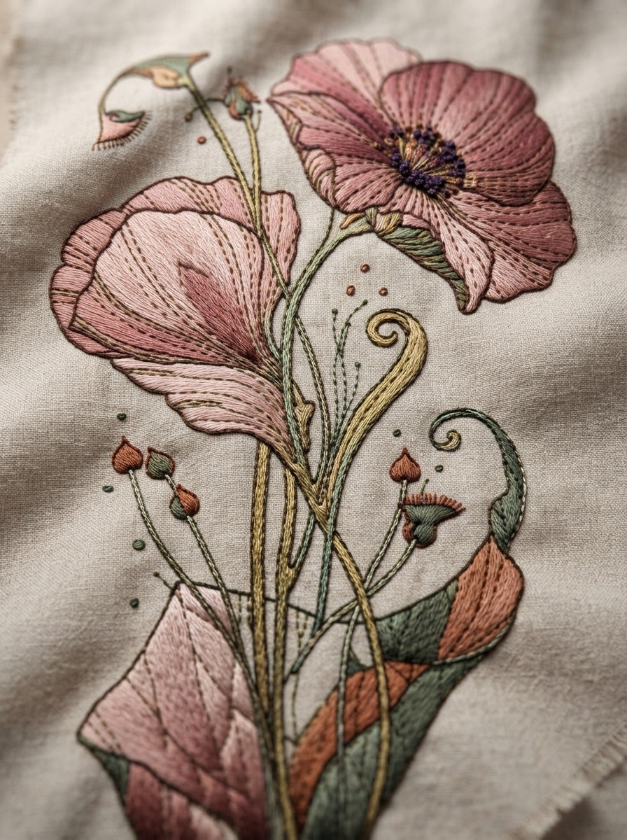 Art Nouveau Pocket Flower Motif from Art Nouveau Botanical Embroidery Book 3, a digital embroidery design reference for machine embroidery designs, embroidery patterns and garment placement ideas.