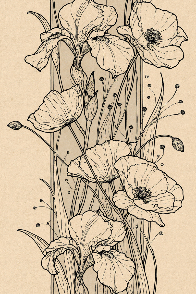 Art Nouveau Vertical Botanical Panel from Art Nouveau Botanical Embroidery Book 3, a digital embroidery design reference for machine embroidery designs, embroidery patterns and botanical and floral embroidery.