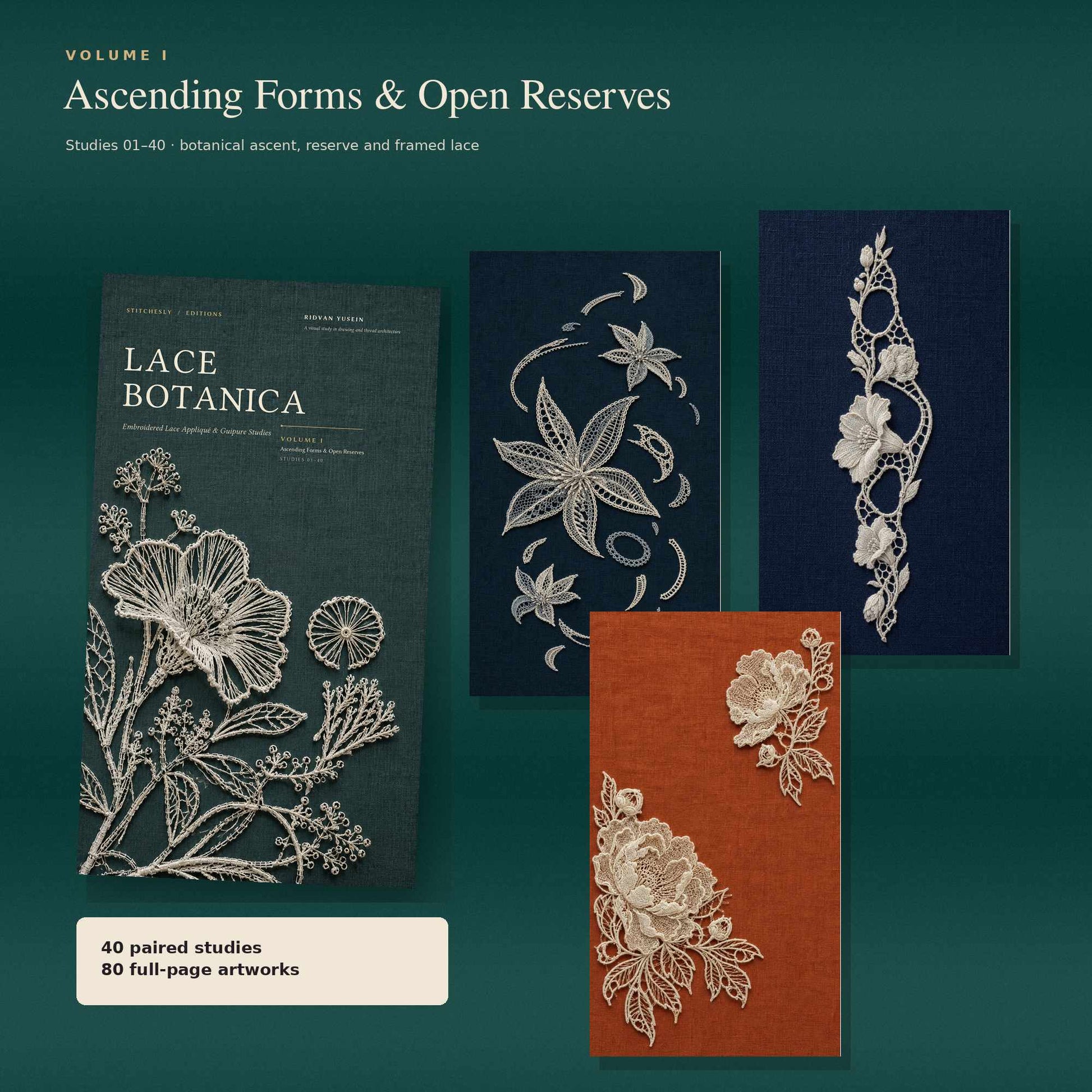Volume one cover and selected ascending botanical lace applique studies