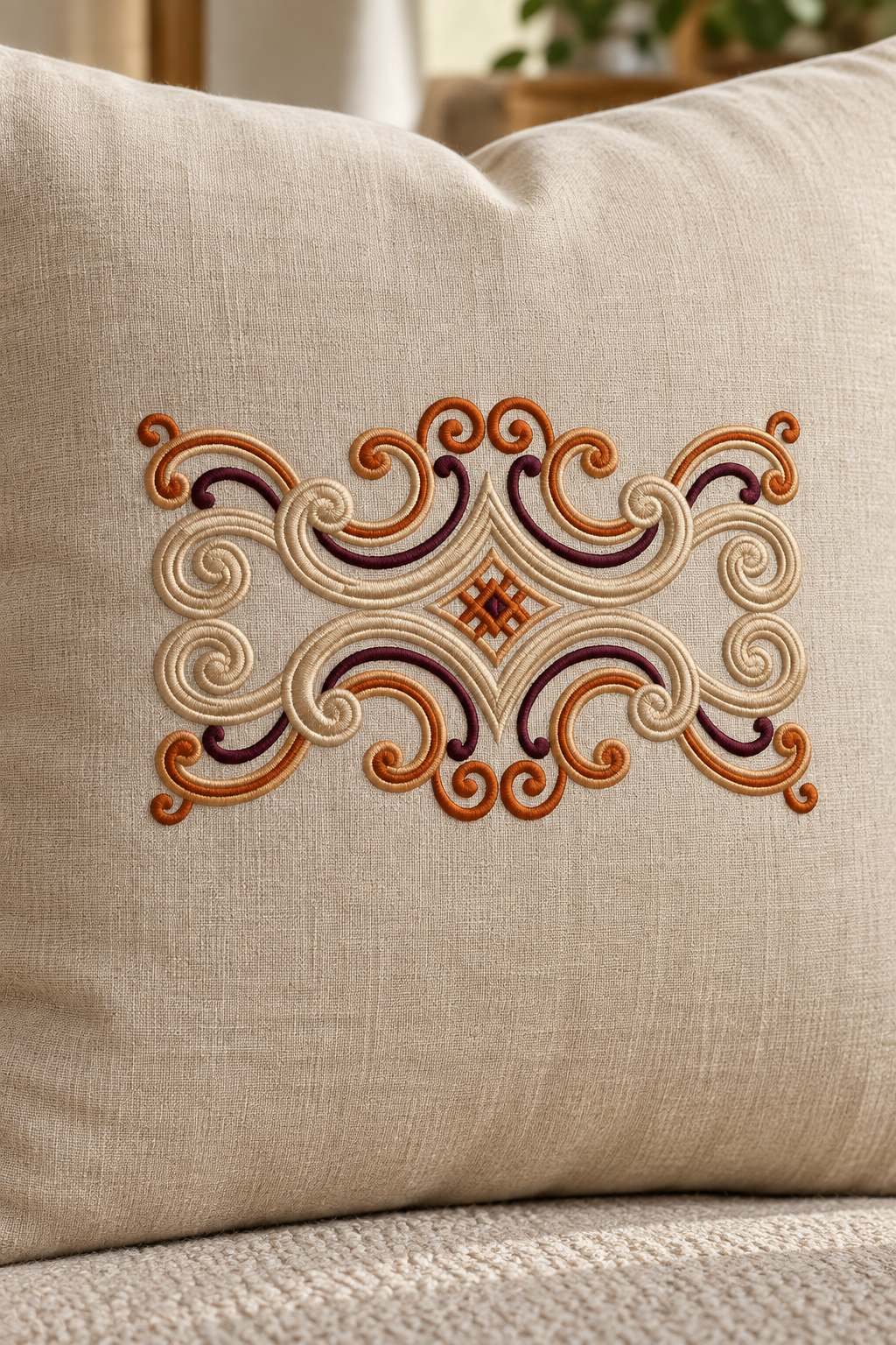 Photorealistic four way scroll medallion machine embroidery in aubergine, warm copper and champagne thread on a linen decorative cushion, shown as one fabric-stitched motif