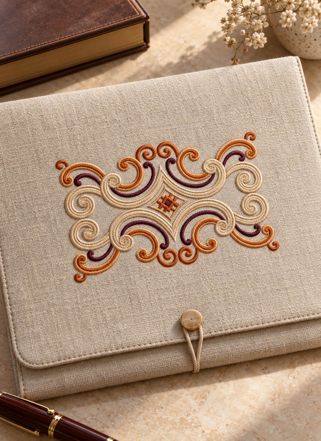 Photorealistic four way scroll medallion machine embroidery in aubergine, warm copper and champagne thread on a linen folio cover, shown as one fabric-stitched motif