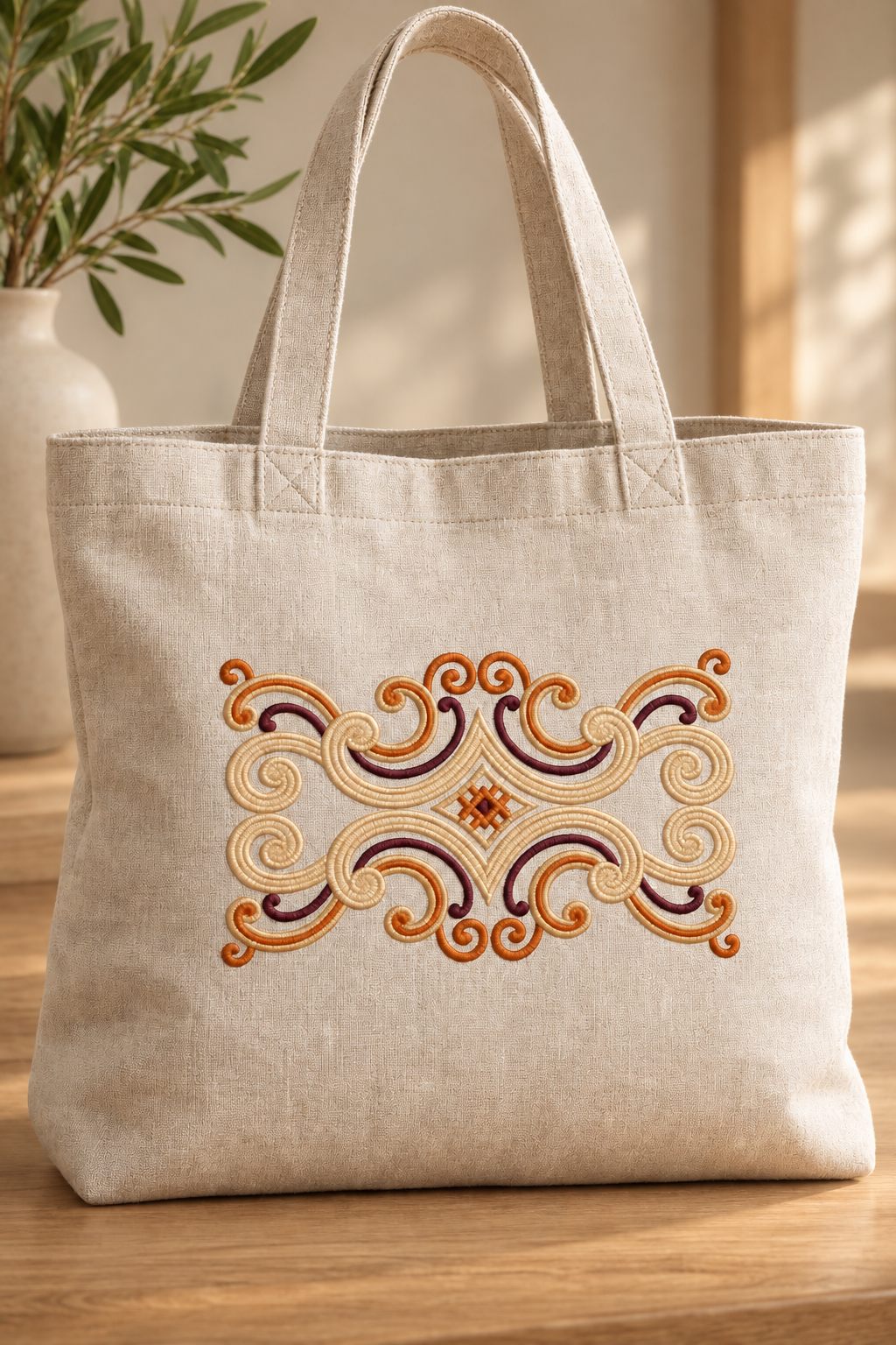 Photorealistic four way scroll medallion machine embroidery in aubergine, warm copper and champagne thread on a natural linen tote bag, shown as one fabric-stitched motif