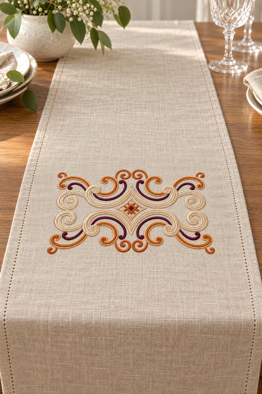 Photorealistic four way scroll medallion machine embroidery in aubergine, warm copper and champagne thread on a linen table runner, shown as one fabric-stitched motif