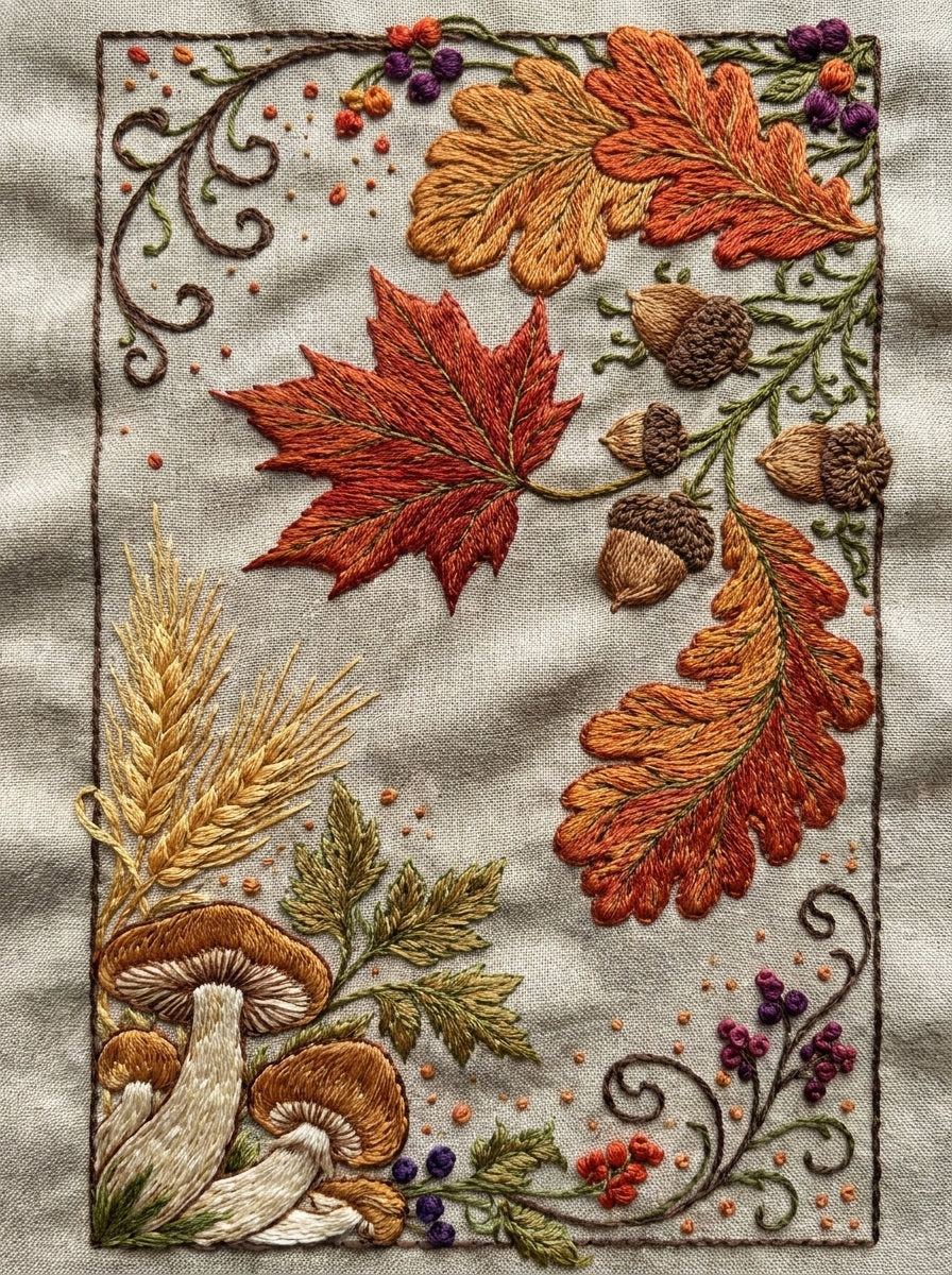 Autumn Botanical Harvest Library Plate from Halloween & Autumn Embroidery Book 2, a digital embroidery design reference for machine embroidery designs, embroidery patterns and seasonal embroidery motifs.