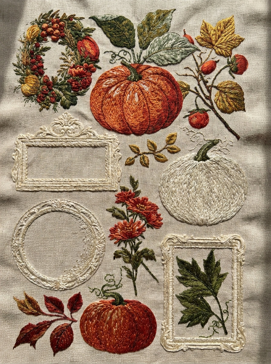 Autumn Frame And Label Set from Halloween & Autumn Embroidery Book 1, a digital embroidery design reference for machine embroidery designs, embroidery patterns and frames and monogram spaces.