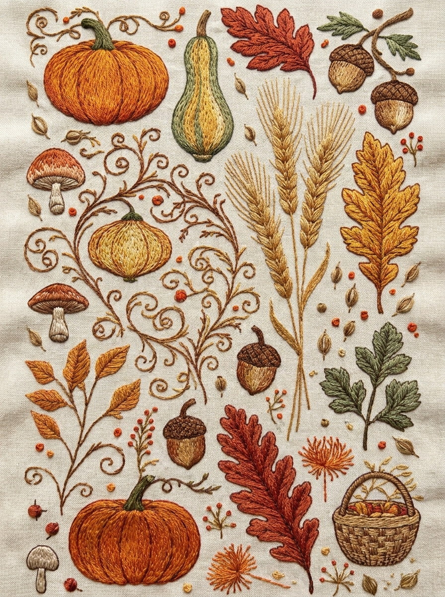 Autumn Harvest Plate Halloween And from Halloween & Autumn Embroidery Book 3, a digital embroidery design reference for machine embroidery designs, embroidery patterns and seasonal embroidery motifs.