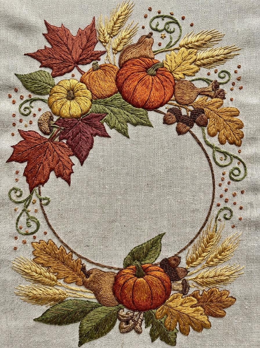 Autumn Harvest Wreath Halloween And from Halloween & Autumn Embroidery Book 1, a digital embroidery design reference for machine embroidery designs, embroidery patterns and frames and monogram spaces.
