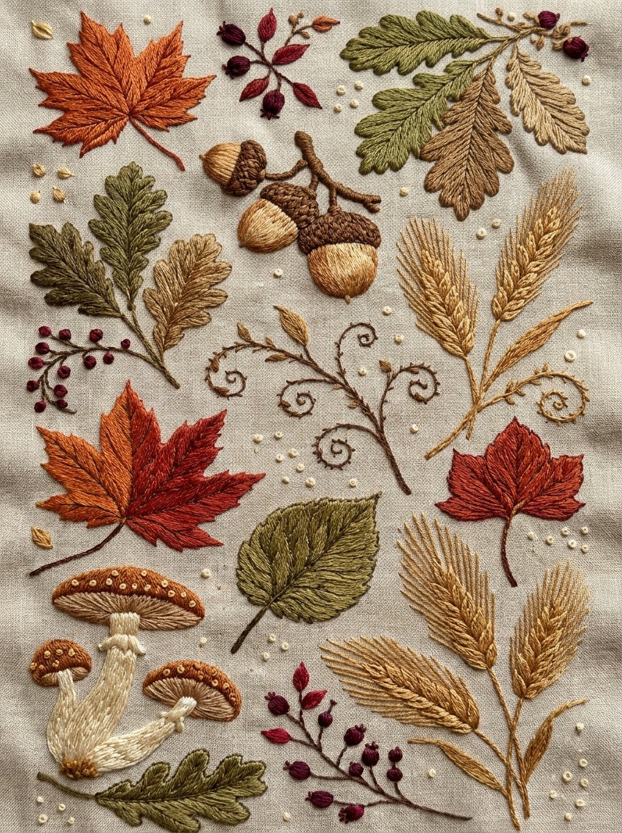 Autumn Leaves Acorns Wheat And from Halloween & Autumn Embroidery Book 4, a digital embroidery design reference for machine embroidery designs, embroidery patterns and seasonal embroidery motifs.