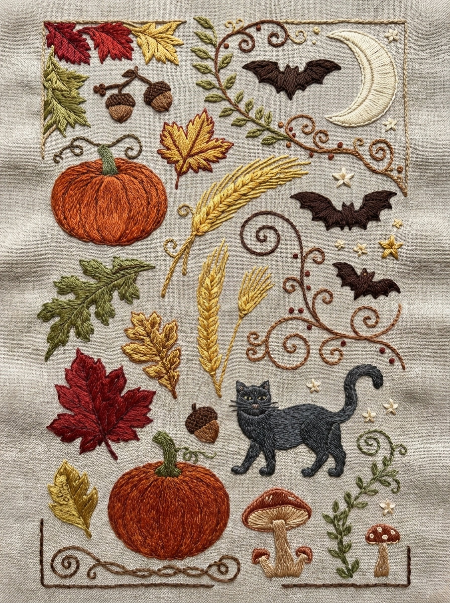 Autumn Napkin Towel And Table from Halloween & Autumn Embroidery Book 4, a digital embroidery design reference for machine embroidery designs, embroidery patterns and linen and home textile projects.
