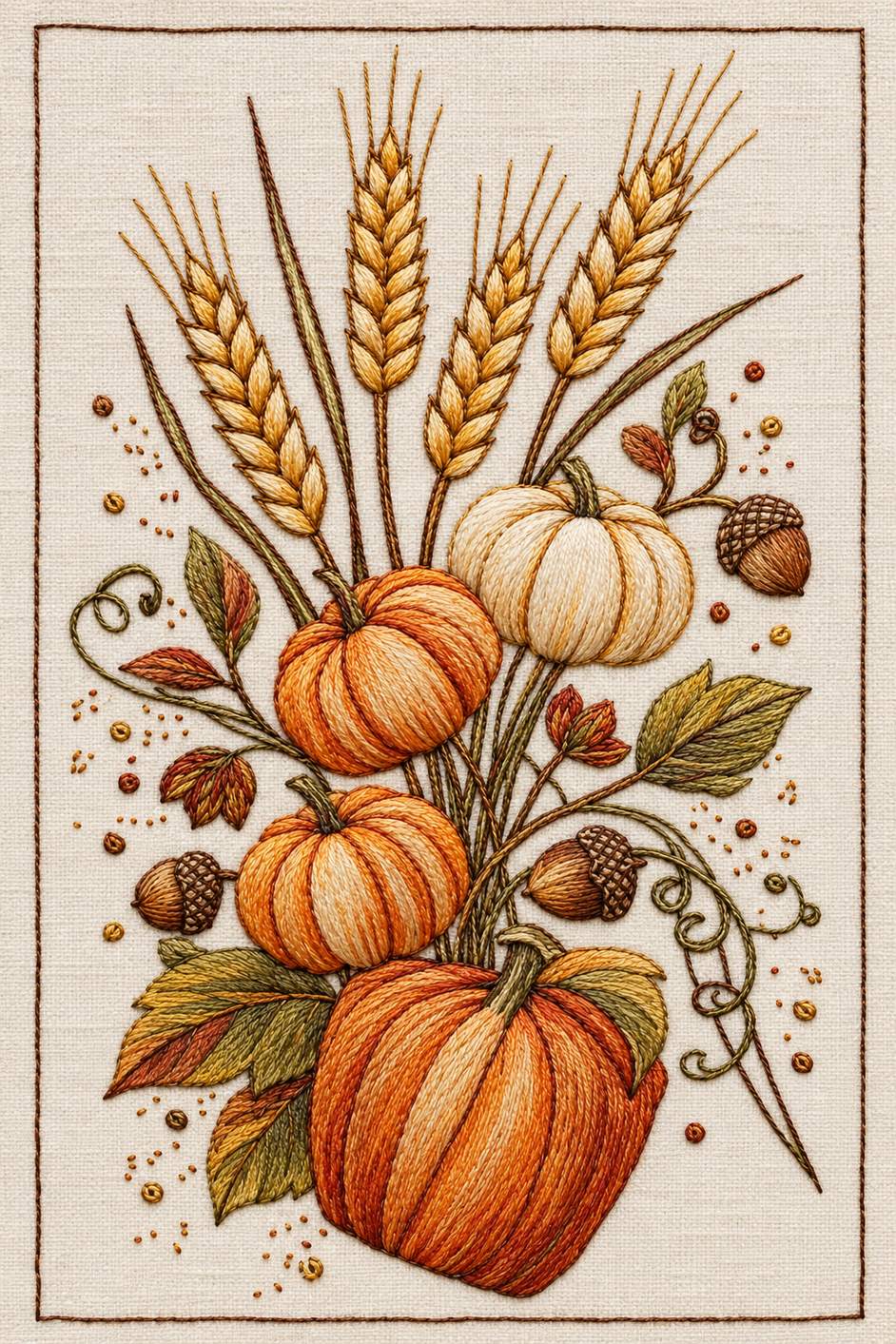 Four pumpkin four wheat acorn harvest spray. Textile visualization from Halloween & Autumn Embroidery Edition 3, a digital PDF design book.