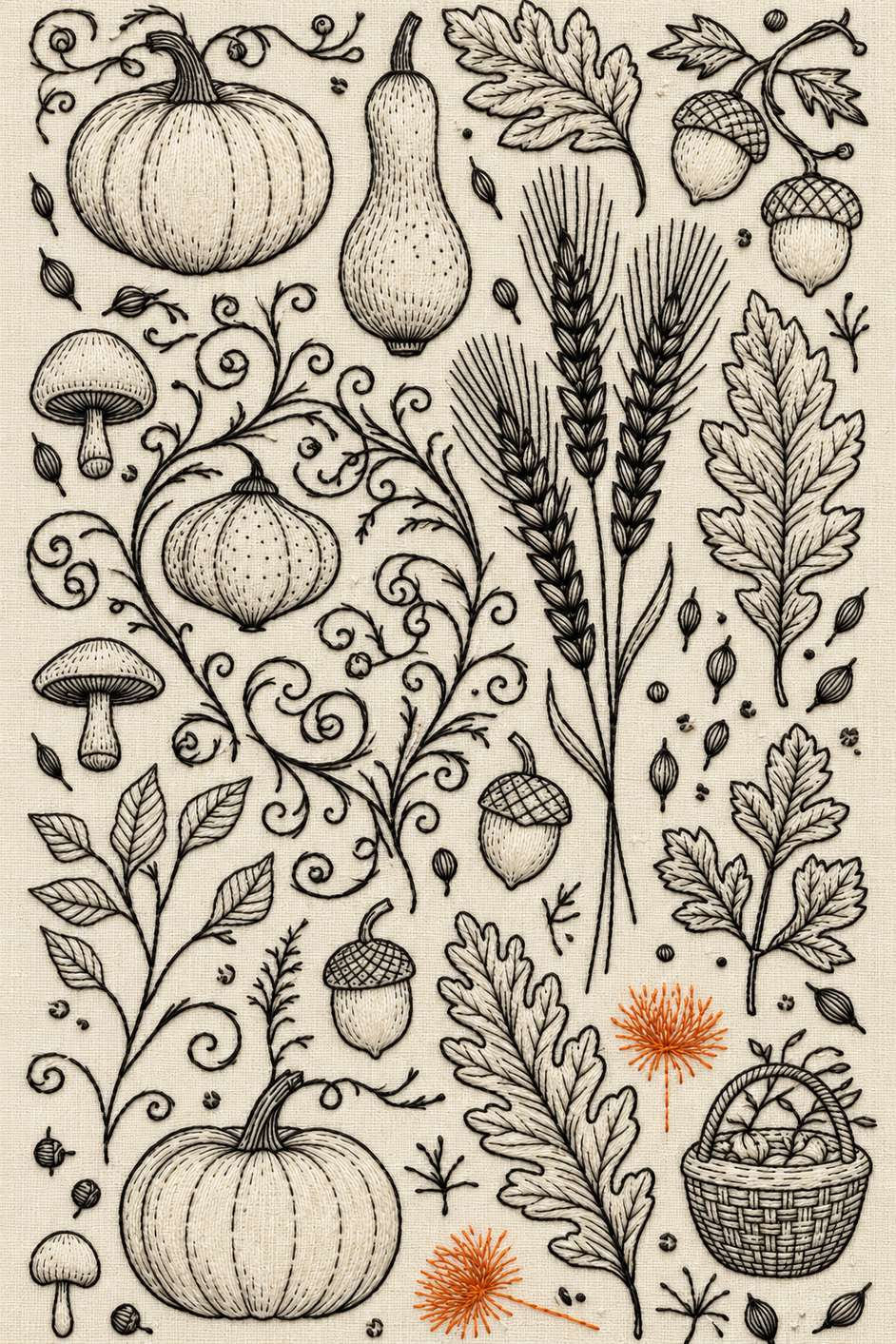 Black ivory orange harvest botanical library. Textile visualization from Halloween & Autumn Embroidery Edition 3, a digital PDF design book.