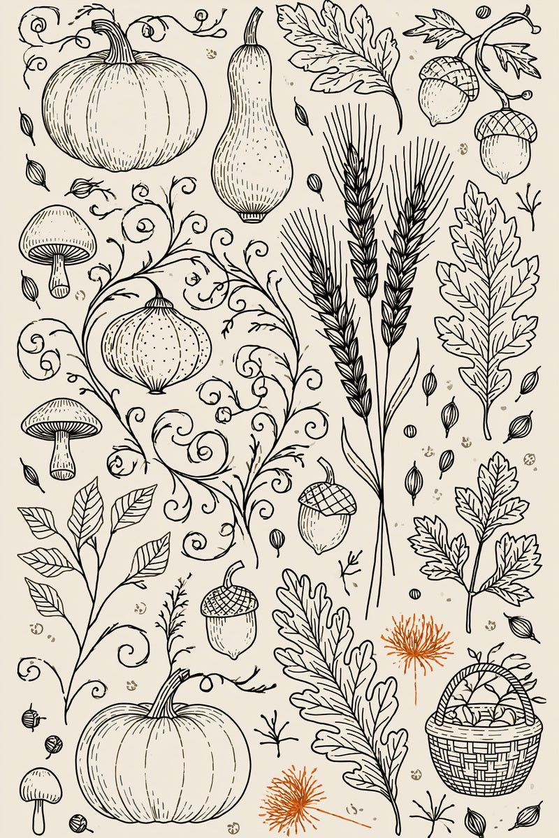 Original black ivory orange harvest botanical library design plate from Halloween & Autumn Embroidery Edition 3, a digital PDF embroidery design book.