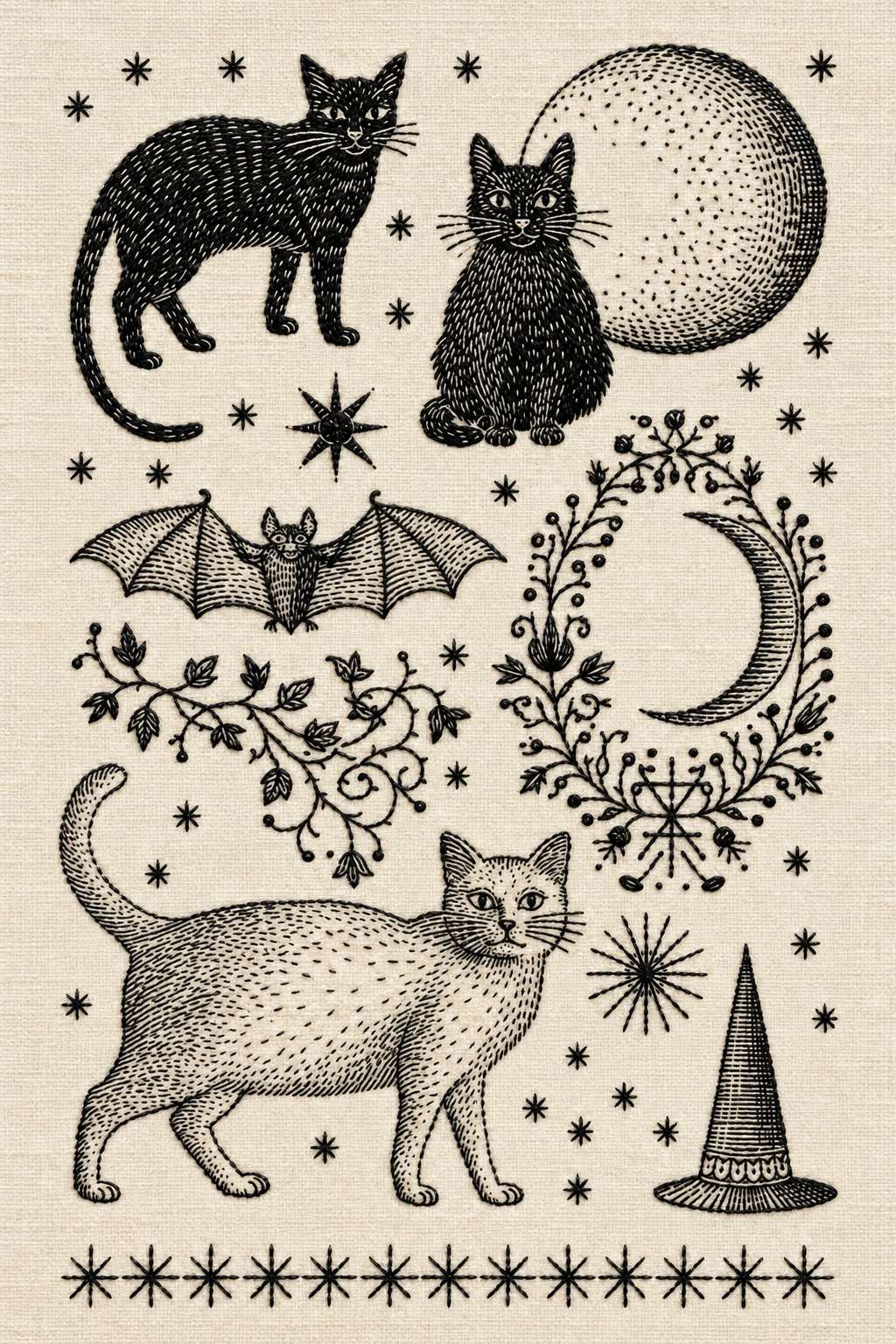 Three cat bat moon star symbol plate. Textile visualization from Halloween & Autumn Embroidery Edition 3, a digital PDF design book.